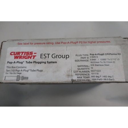 Curtiss-Wright Pop-A-Plug Kit 0.649/0.65In Heat Exchanger Parts And Accessory V-649-S